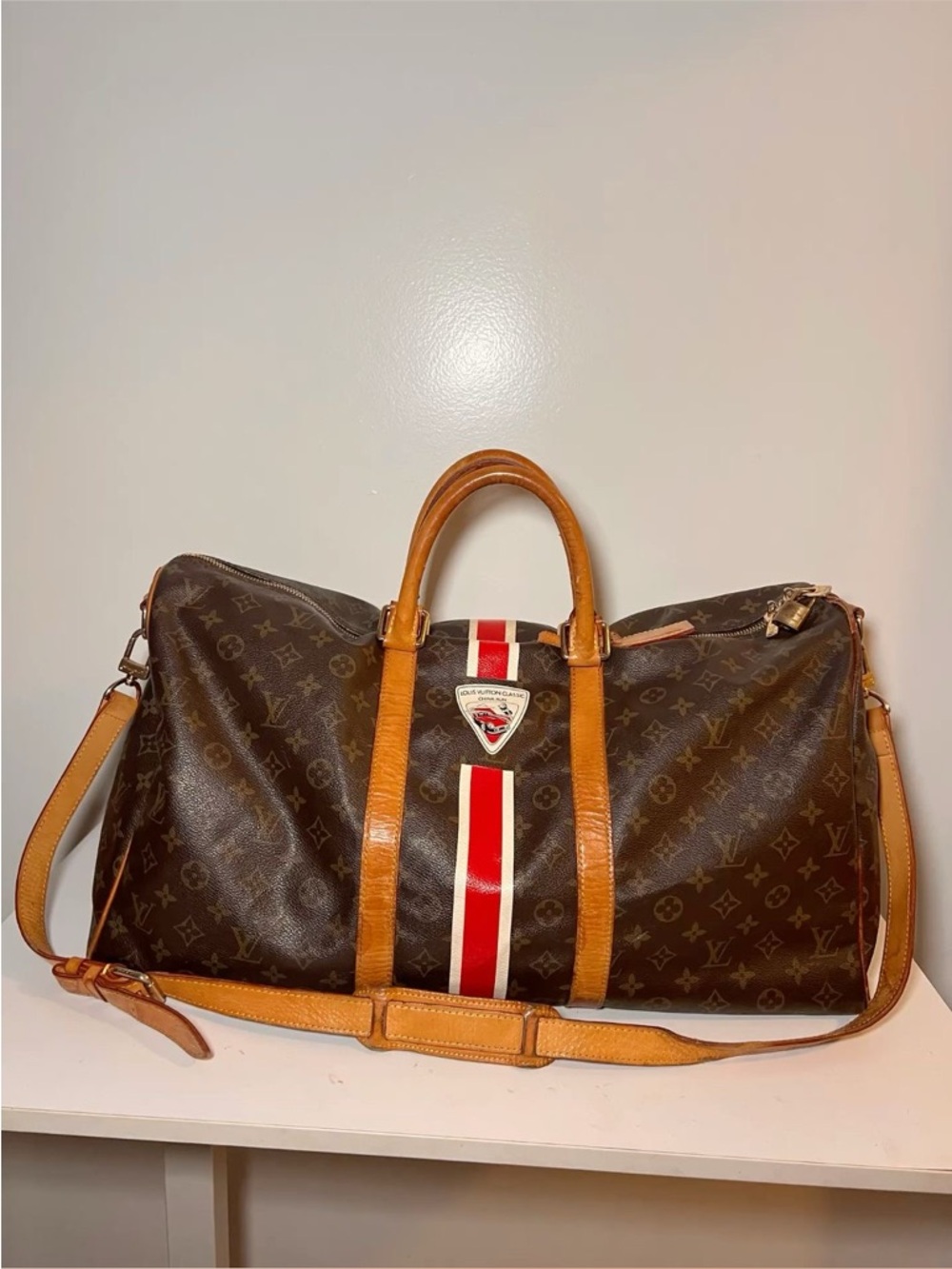 Louis Vuitton Brown Monogram Duffel with Red and White Stripe - Picture 5 of 5